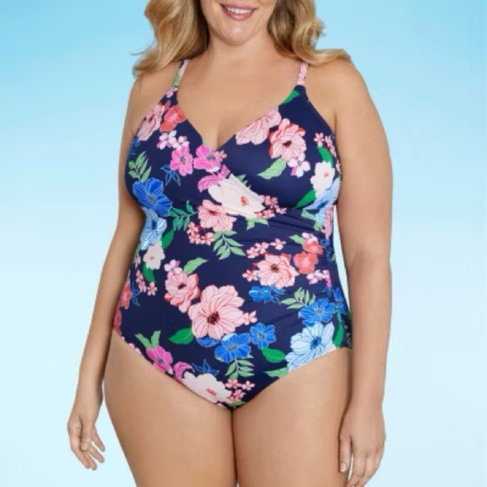 Liz Claiborne Floral V-Neck One Piece Swimsuit NWT 24W